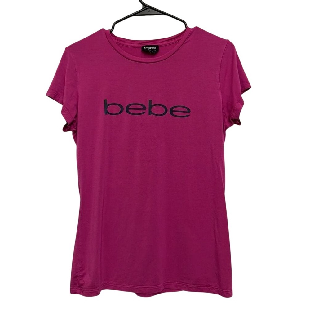 Bebe Womens Fuchsia Pink Logo Graphic Crewneck Short Sleeve T-Shirt Size Large